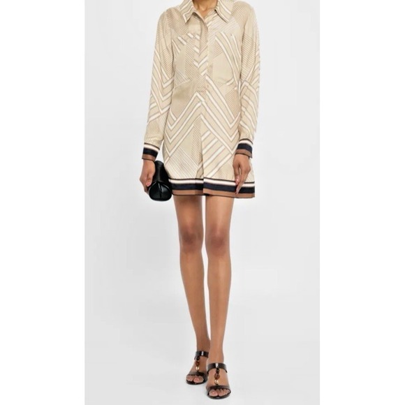 Veronica Beard Dresses & Skirts - Veronica Beard Size 12 Pryce Striped Mini Shirtdress Silk Blend Stone Khaki Mult